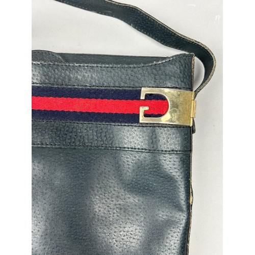 15 - A VINTAGE GUCCI SIDE BAG, blue leather with red and blue belt logo and gold coloured hardware

27cm ... 