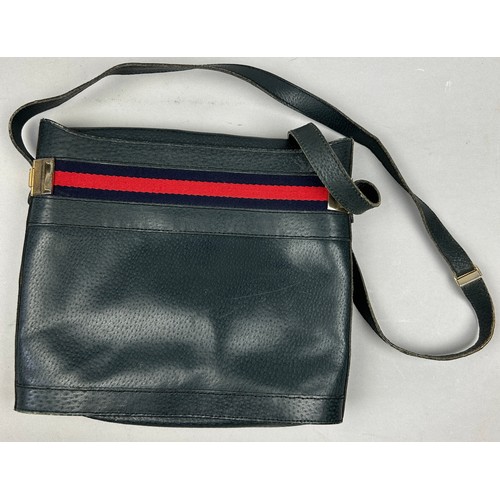 15 - A VINTAGE GUCCI SIDE BAG, blue leather with red and blue belt logo and gold coloured hardware

27cm ... 