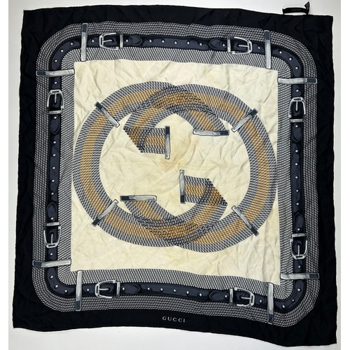 122 - A LARGE VINTAGE GUCCI SILK SCARF WITH INTERLOCKING CHAIN LINK 'GG' LOGO'S, and navy blue belt buckle... 