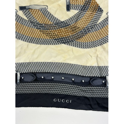 122 - A LARGE VINTAGE GUCCI SILK SCARF WITH INTERLOCKING CHAIN LINK 'GG' LOGO'S, and navy blue belt buckle... 