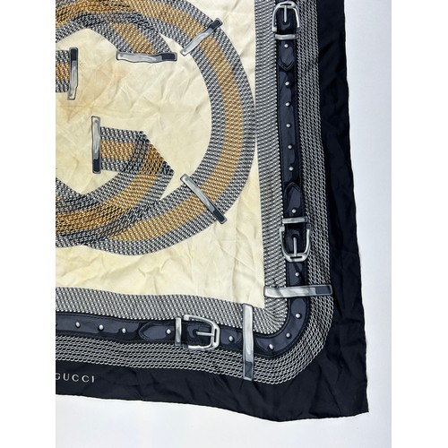 122 - A LARGE VINTAGE GUCCI SILK SCARF WITH INTERLOCKING CHAIN LINK 'GG' LOGO'S, and navy blue belt buckle... 