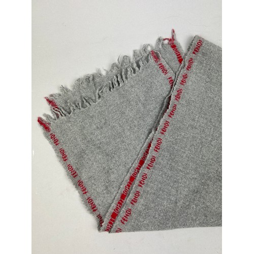 115 - A VINTAGE FENDI GREY WOOL SCARF WITH SPELL OUT TAPERED LOGO ALONG EDGES,