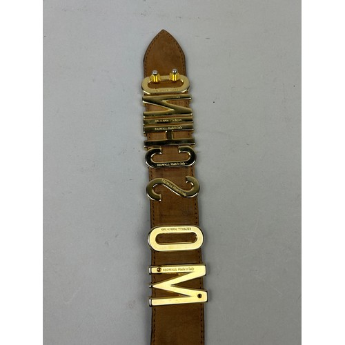 99 - A VINTAGE MOSCHINO BELT IN BLACK WITH GOLD 'SPELL-OUT' LOGO,

90cm in length