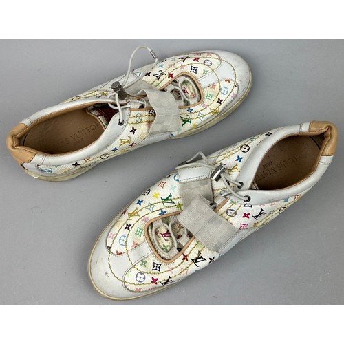 103 - A PAIR OF VINTAGE LOUIS VUITTON TRAINERS, multicoloured monogram logo's throughout and chequered whi... 