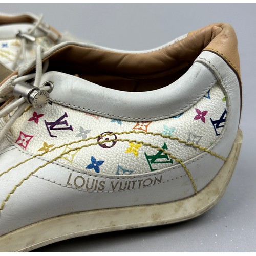 103 - A PAIR OF VINTAGE LOUIS VUITTON TRAINERS, multicoloured monogram logo's throughout and chequered whi... 