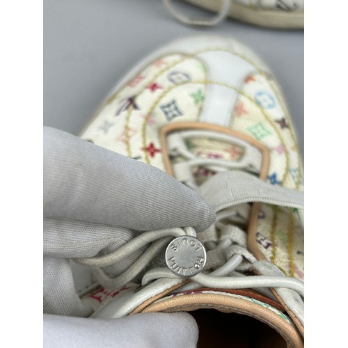 103 - A PAIR OF VINTAGE LOUIS VUITTON TRAINERS, multicoloured monogram logo's throughout and chequered whi... 