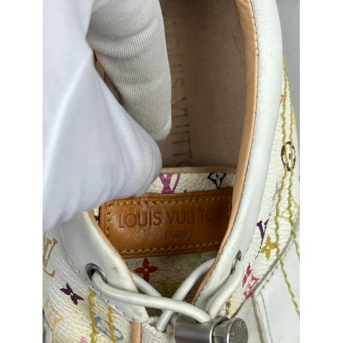 103 - A PAIR OF VINTAGE LOUIS VUITTON TRAINERS, multicoloured monogram logo's throughout and chequered whi... 