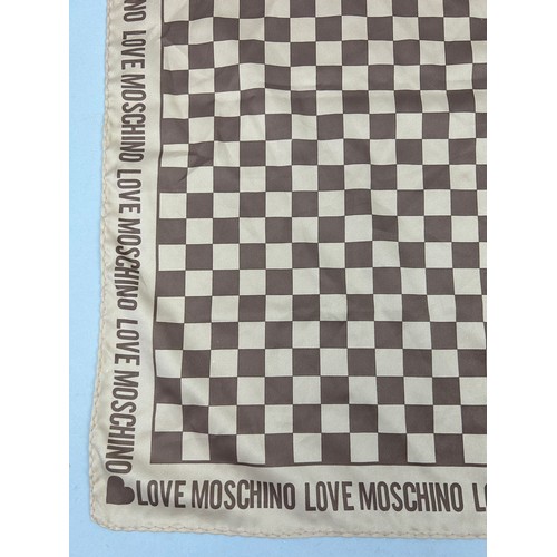 121 - A MOSCHINO 'LOVE' SILK SCARF WITH BROWN AND BEIGE CHEQUERED PATTERN AND TAPERED LOGO ALONG EDGES,

5... 