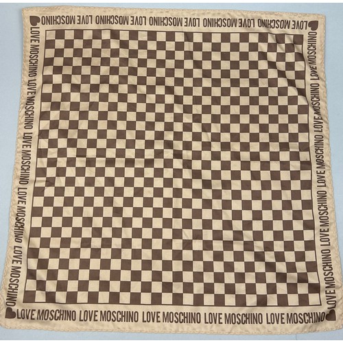 121 - A MOSCHINO 'LOVE' SILK SCARF WITH BROWN AND BEIGE CHEQUERED PATTERN AND TAPERED LOGO ALONG EDGES,

5... 