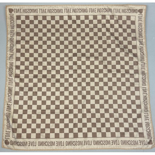 121 - A MOSCHINO 'LOVE' SILK SCARF WITH BROWN AND BEIGE CHEQUERED PATTERN AND TAPERED LOGO ALONG EDGES,

5... 