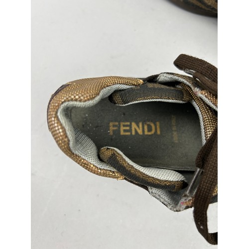 104 - A PAIR OF FENDI TRAINERS, brown interlocking 'FF' throughout with shiny gold metallic detailing and ... 