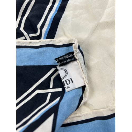 127 - A VINTAGE FENDI SILK SCARF, blue, cream and black,

75cm x 75cm 

Good condition, light marks.