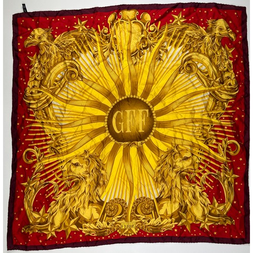 128 - A VINTAGE GIANFRANCO FERREGAMO SILK SCARF, red and gold depicting regal lions and eagles

85cm x 85c... 