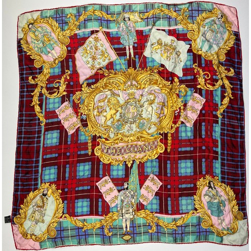 129 - A VINTAGE VERSACE SILK SCARF, plaid and chequered pattern 'The Clans' with royal crests and emblems ... 