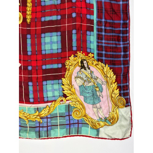 129 - A VINTAGE VERSACE SILK SCARF, plaid and chequered pattern 'The Clans' with royal crests and emblems ... 