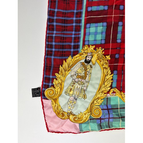 129 - A VINTAGE VERSACE SILK SCARF, plaid and chequered pattern 'The Clans' with royal crests and emblems ... 