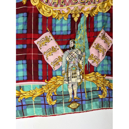 129 - A VINTAGE VERSACE SILK SCARF, plaid and chequered pattern 'The Clans' with royal crests and emblems ... 