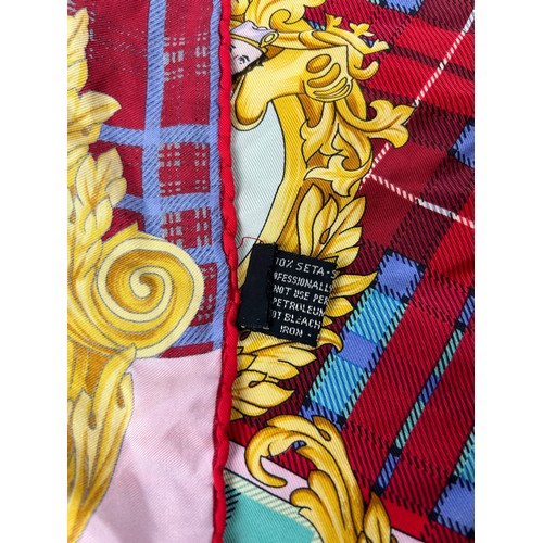 129 - A VINTAGE VERSACE SILK SCARF, plaid and chequered pattern 'The Clans' with royal crests and emblems ... 