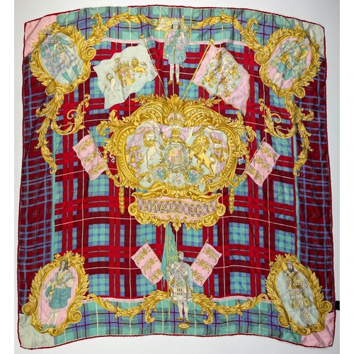 129 - A VINTAGE VERSACE SILK SCARF, plaid and chequered pattern 'The Clans' with royal crests and emblems ... 