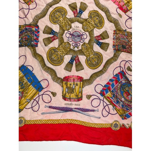 136 - A LARGE VINTAGE HERMES SILK SCARF, red, gold and pink with instrument design throughout

75cm x 75cm... 