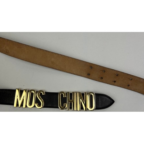 98 - A VINTAGE MOSCHINO BELT IN BLACK WITH GOLD 'SPELL-OUT' LOGO,

90cm in length