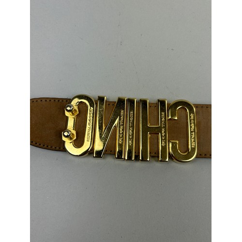 98 - A VINTAGE MOSCHINO BELT IN BLACK WITH GOLD 'SPELL-OUT' LOGO,

90cm in length