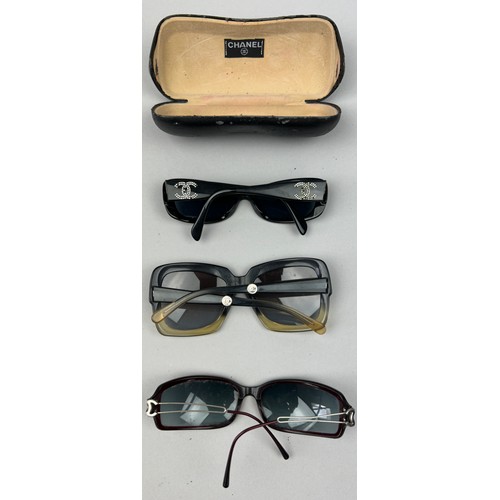 66 - A SET OF THREE CHANEL SUNGLASSES, one with diamanté interlocking 'CC' emblem on frames, another with... 