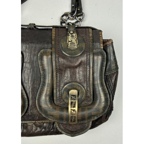 3 - A FENDI BROWN LEATHER HANDBAG, with 'Zucca print' design throughout and gold coloured clasp.

34cm x... 