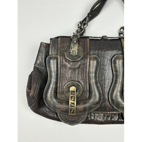 3 - A FENDI BROWN LEATHER HANDBAG, with 'Zucca print' design throughout and gold coloured clasp.

34cm x... 