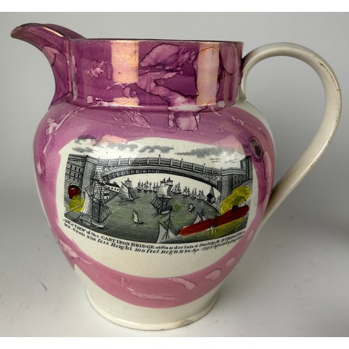 81 - A LUSTRE JUG CIRCA 1820, 

Printed en grisaille with A West View of the Cast Iron Bridge over the Ri... 