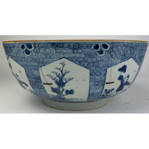 64 - A LARGE 18TH CENTURY CHINESE PORCELAIN BOWL, 

Blue and white painted depicting a boy at play. 

Var... 