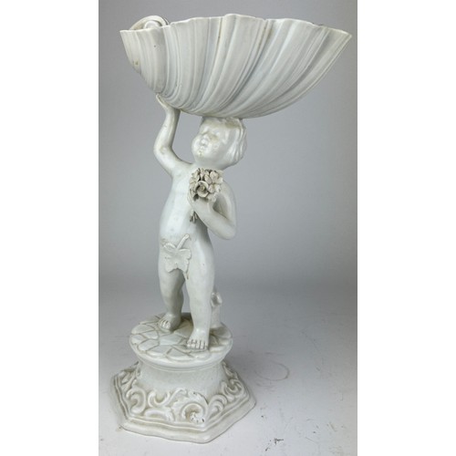 82 - A LARGE ENGLISH BLANC DE CHINE PORCELAIN FIGURE OF A PUTTI HOLDING A SCALLOP SHELL

Various damages ... 