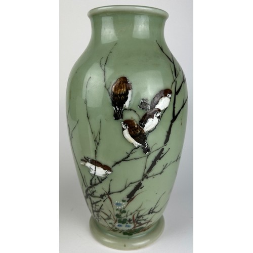 73 - A JAPANESE MEIJI PERIOD (1868-1912) GREEN GLAZED BALUSTER VASE, painted and enamelled with swallows ... 