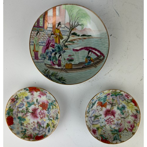 67 - A COLLECTION OF THREE CHINESE PLATES, two millefleurs famille rose with six character marks to verso... 