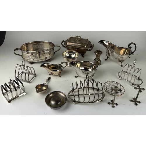 128 - A LARGE COLLECTION OF SILVER PLATED ITEMS, to include Harrods and Mappin and Webb toast rack, sauce ... 