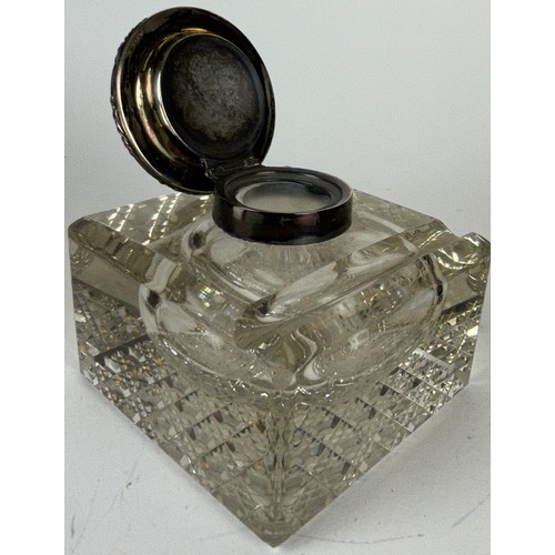 130 - A COLLECTION OF SILVER PLATE, to include two large trays, matchbox case and large crystal inkstand (... 