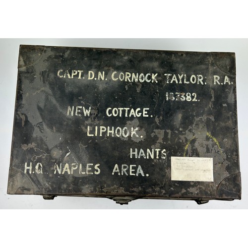 234 - A WORLD WAR II METAL TRUNK, with brown leather holsters and bandolier within

62cm x 42cm x 22cm

**... 