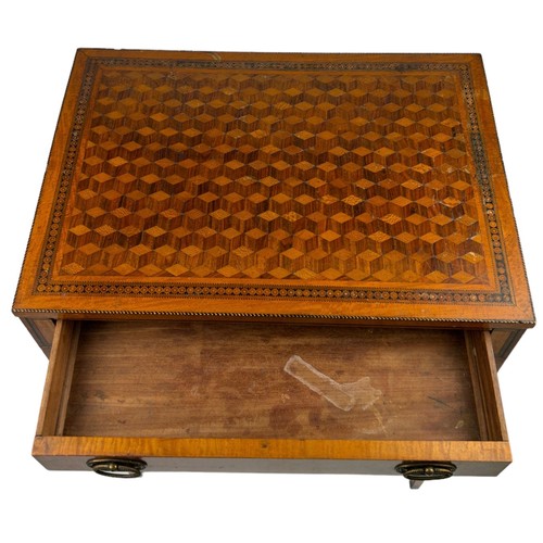 219 - A GEORGE III SATINWOOD WRITING TABLE, parquetry inlaid top with one sliding drawer. 

Raised on four... 