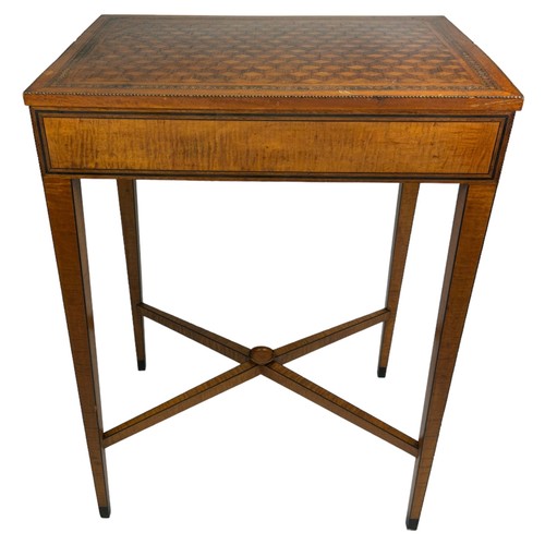 219 - A GEORGE III SATINWOOD WRITING TABLE, parquetry inlaid top with one sliding drawer. 

Raised on four... 