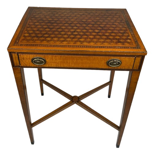 219 - A GEORGE III SATINWOOD WRITING TABLE, parquetry inlaid top with one sliding drawer. 

Raised on four...
