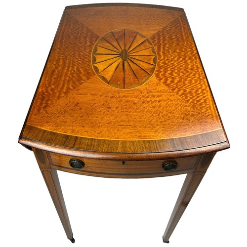 220 - A GEORGE III SHERATON DESIGN MAHOGANY PEMBROKE TABLE CIRCA 1790, with unusual fan shaped drops, sati... 