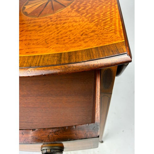 220 - A GEORGE III SHERATON DESIGN MAHOGANY PEMBROKE TABLE CIRCA 1790, with unusual fan shaped drops, sati... 