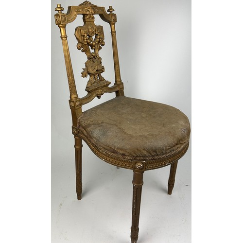 227 - A LOUIS XVI STYLE GILTWOOD SIDE CHAIR, with silk chinoiserie upholstered seat. 

Pierced back rail w... 