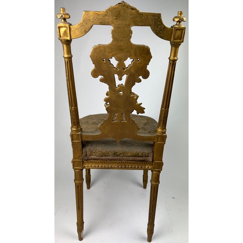 227 - A LOUIS XVI STYLE GILTWOOD SIDE CHAIR, with silk chinoiserie upholstered seat. 

Pierced back rail w... 