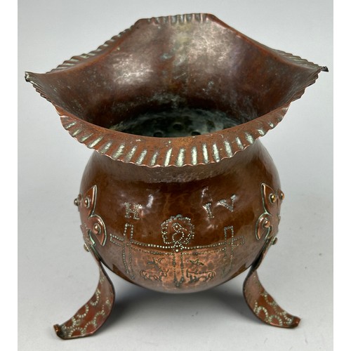 280 - A THREE LEGGED COPPER ICE BUCKET IN THE STYLE OF HENRY IV, along with a vase by 'Shorter'