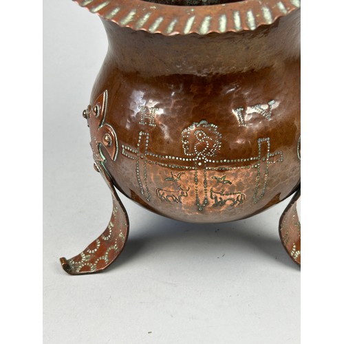 280 - A THREE LEGGED COPPER ICE BUCKET IN THE STYLE OF HENRY IV, along with a vase by 'Shorter'