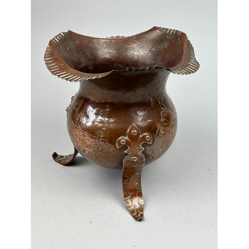 280 - A THREE LEGGED COPPER ICE BUCKET IN THE STYLE OF HENRY IV, along with a vase by 'Shorter'