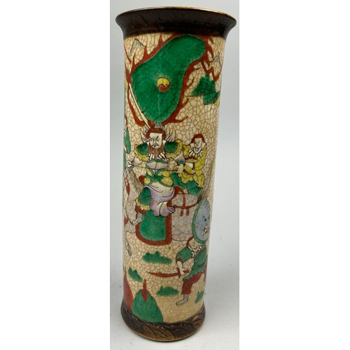 89 - A JAPANESE CRACKLE GLAZE CERAMIC VASE DEPICTING HORSES AND RIDERS, hand painted with seal mark to ba... 