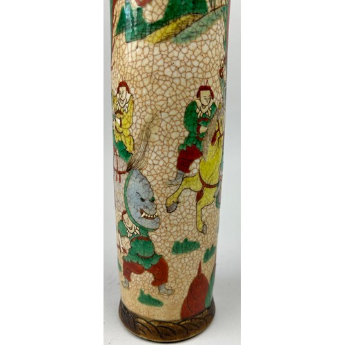 89 - A JAPANESE CRACKLE GLAZE CERAMIC VASE DEPICTING HORSES AND RIDERS, hand painted with seal mark to ba... 