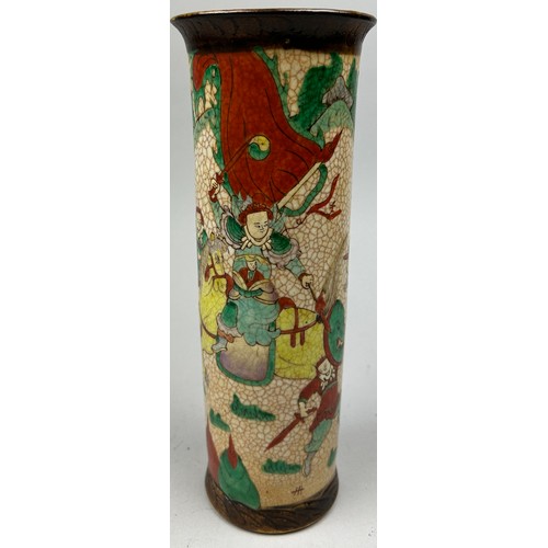 89 - A JAPANESE CRACKLE GLAZE CERAMIC VASE DEPICTING HORSES AND RIDERS, hand painted with seal mark to ba... 